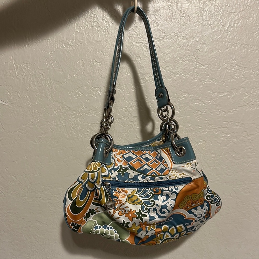 Kathy Van Zeeland Blue and Orange Shoulder Bag with Patchwork Design